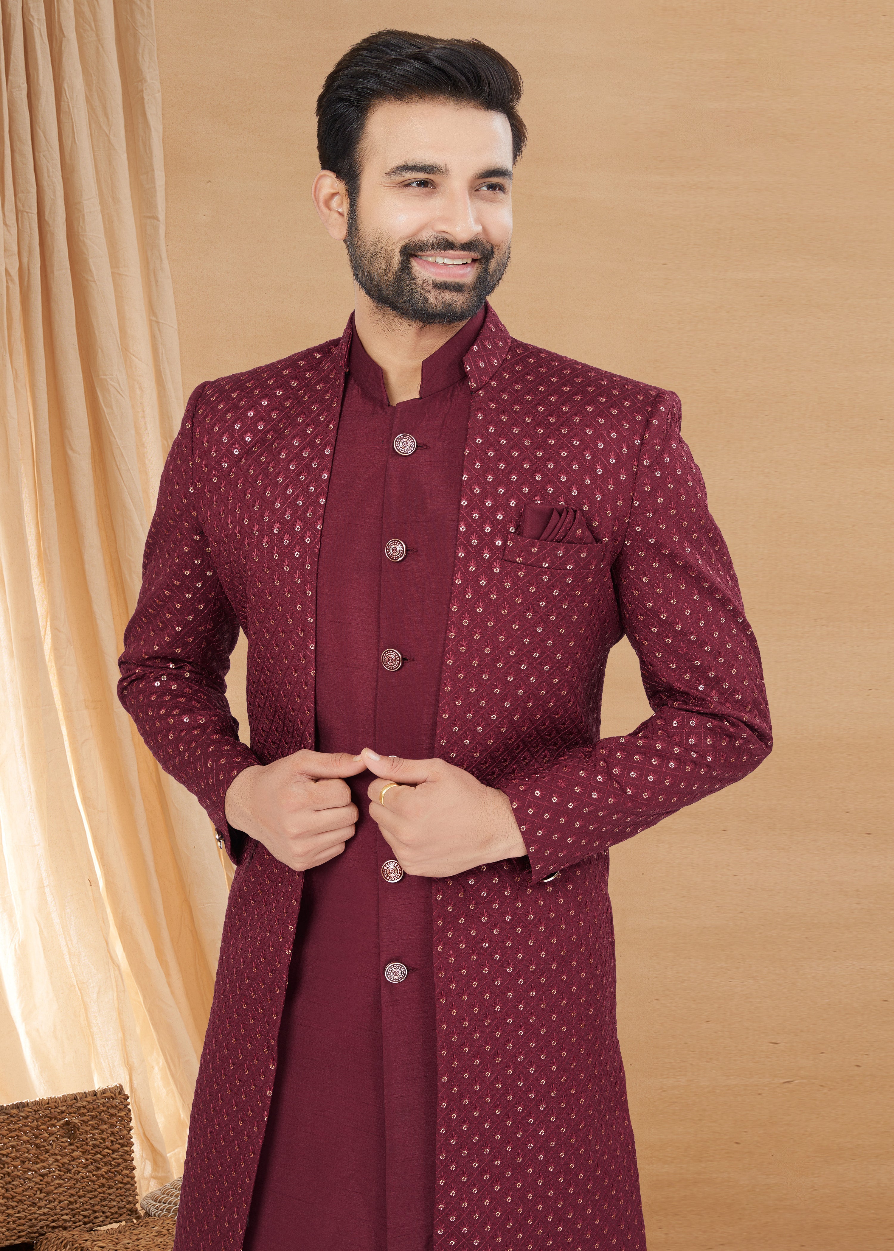 Exclusive Contrasting maroon Thread and Detailed Embroidery Work Indo Western, Sherwani | Indian Traditional Mens Wear