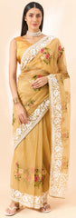 Latest Gold Yellow shaded organza saree with detailed embroidery and floral inspired design saree for all occasion