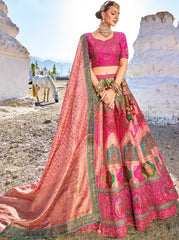 Pure gazzi satin banarasi lehenga with detailed indian aspired print handwork