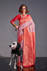 Handwoven Contrasting exclusive designer saree with contrasting pallu chaap kaam border saree