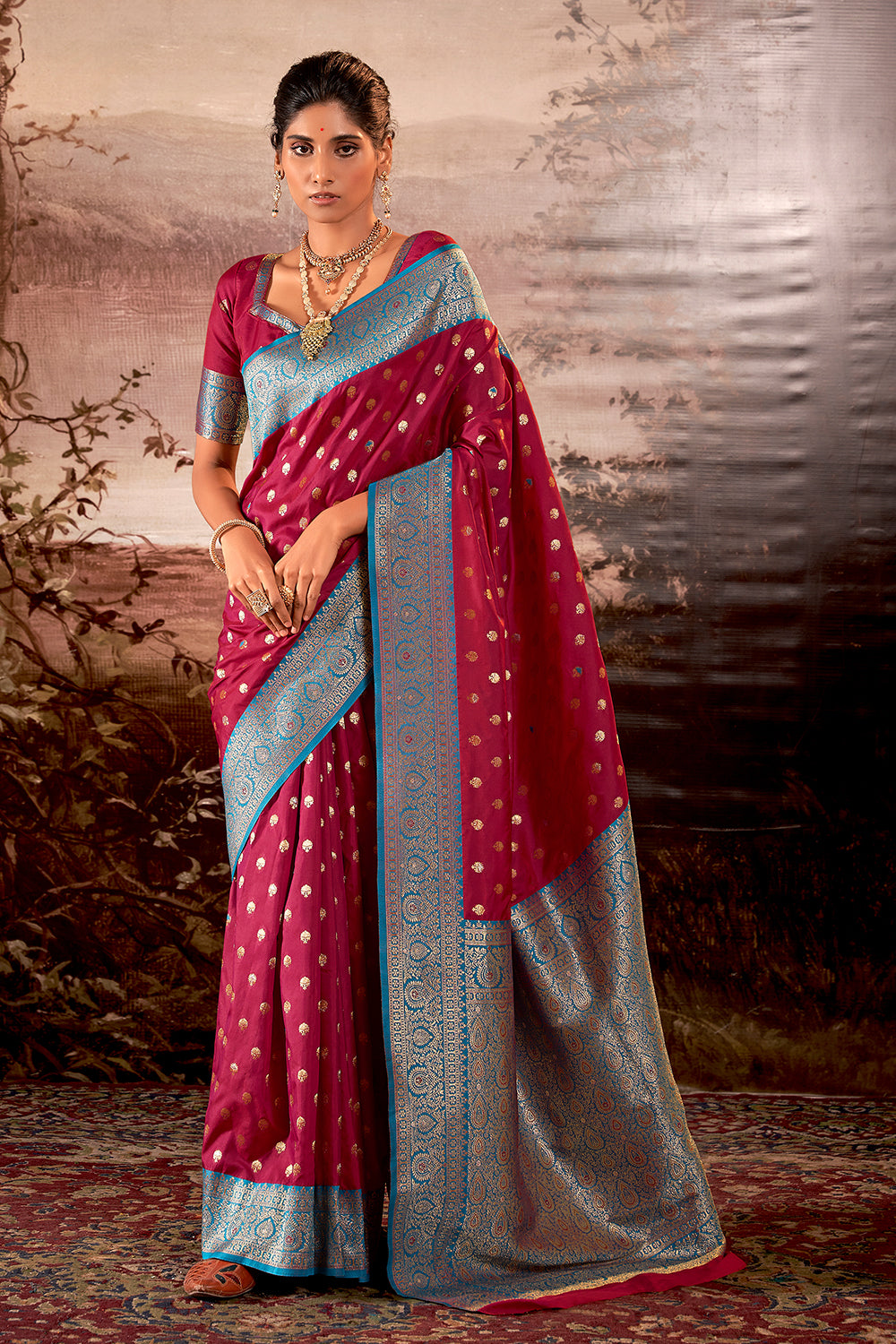 Contrasting dark shaded Pink Banarasi soft silk saree with detailed banarasi inspired work