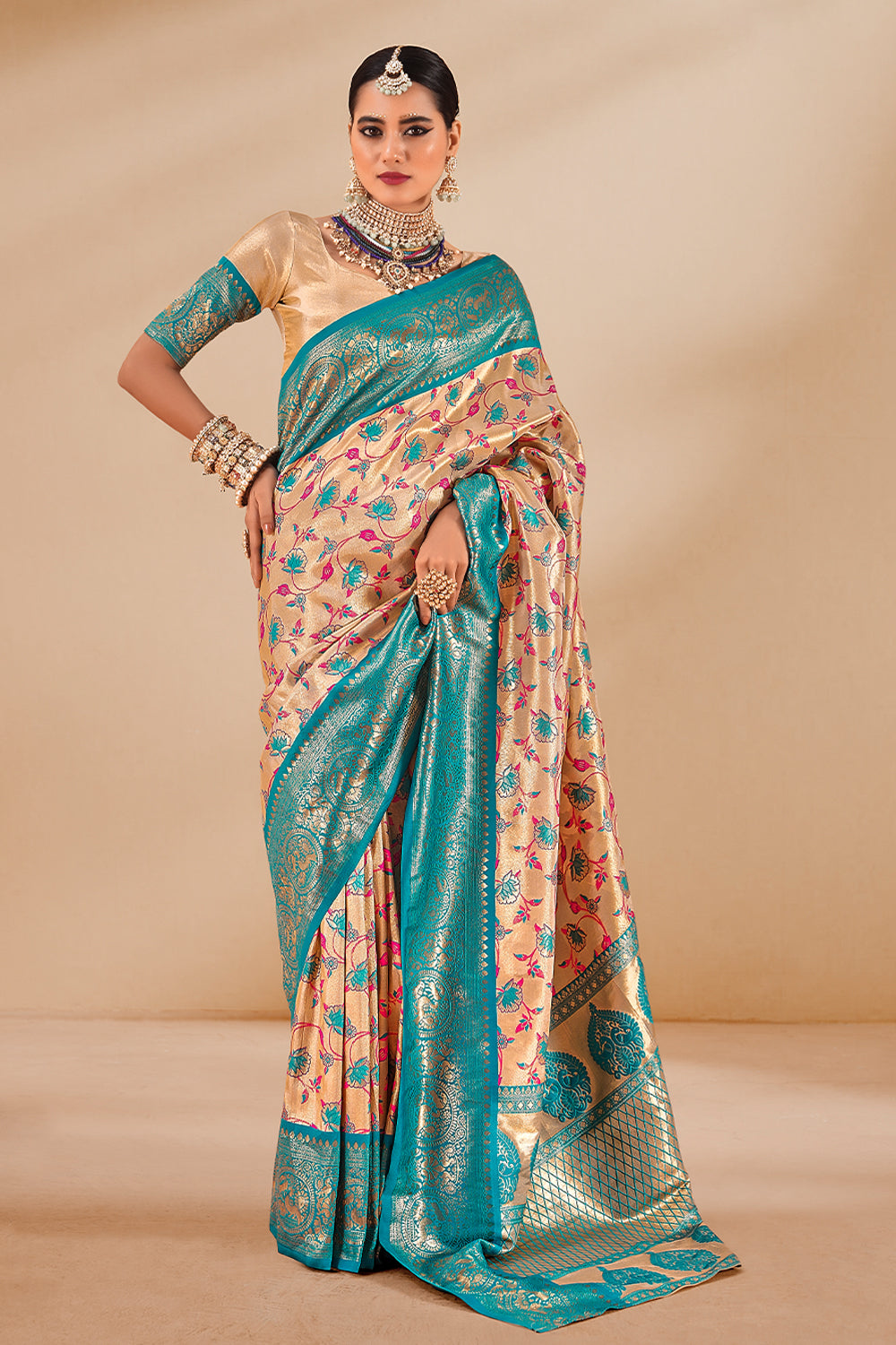 South Indian Light Blue & Cream Contrast Pure Dharmavaram Silk Designer Saree