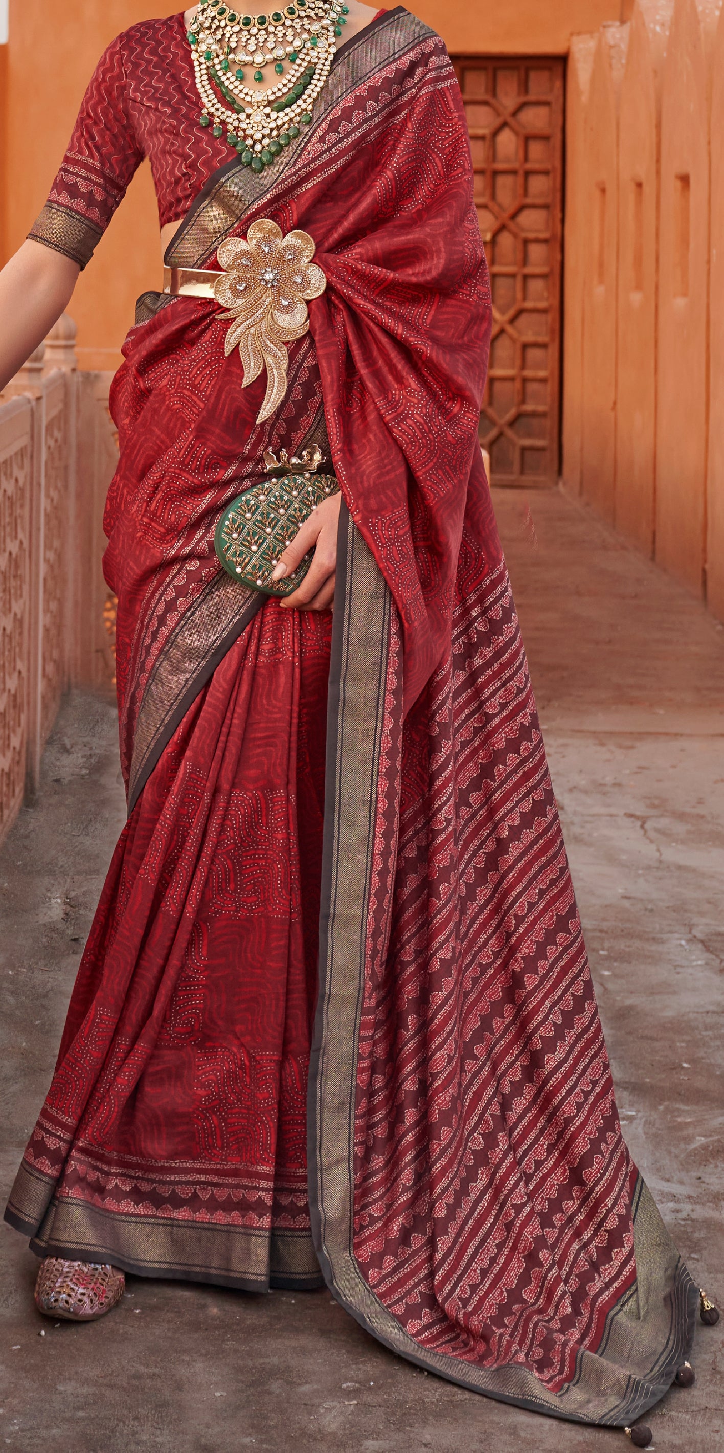 Weaved red Shaded Ajrak Inspired silk saree with gold finish | Silk saree