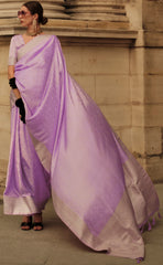 Exclusive Pastel purple shaded designer pure satin handloom weaving saree | weaved saree