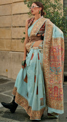 Exclusive contrasting Light Blue kashmiri pallu handloom weaving saree on kashmiri modal fabric