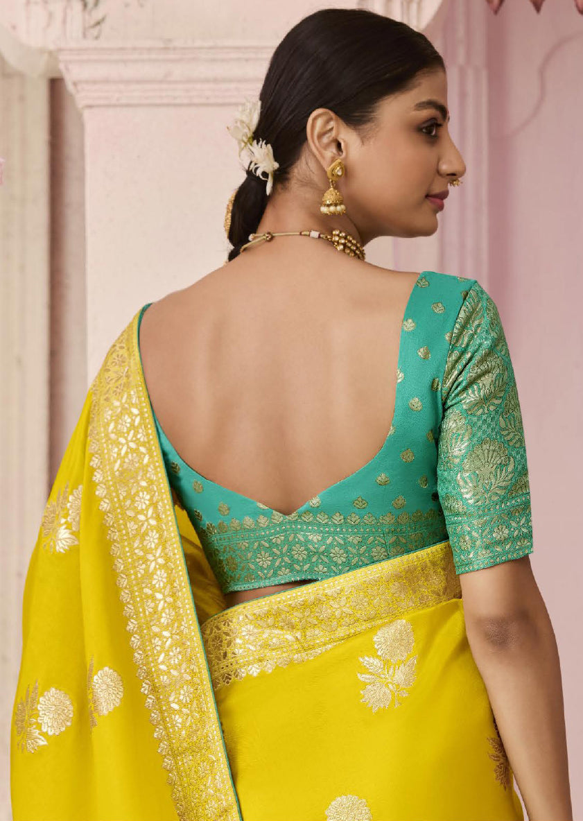 Lemon Yellow Dola Viscose Silk Saree Intricate Flower Pattern Weaving On All Over Saree