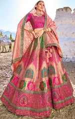 Pure gazzi satin banarasi lehenga with detailed indian aspired print handwork