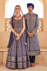 Exclusively for couple combo Blue  designer outfit in pure pv silk and foil print with detailed hand mirror work