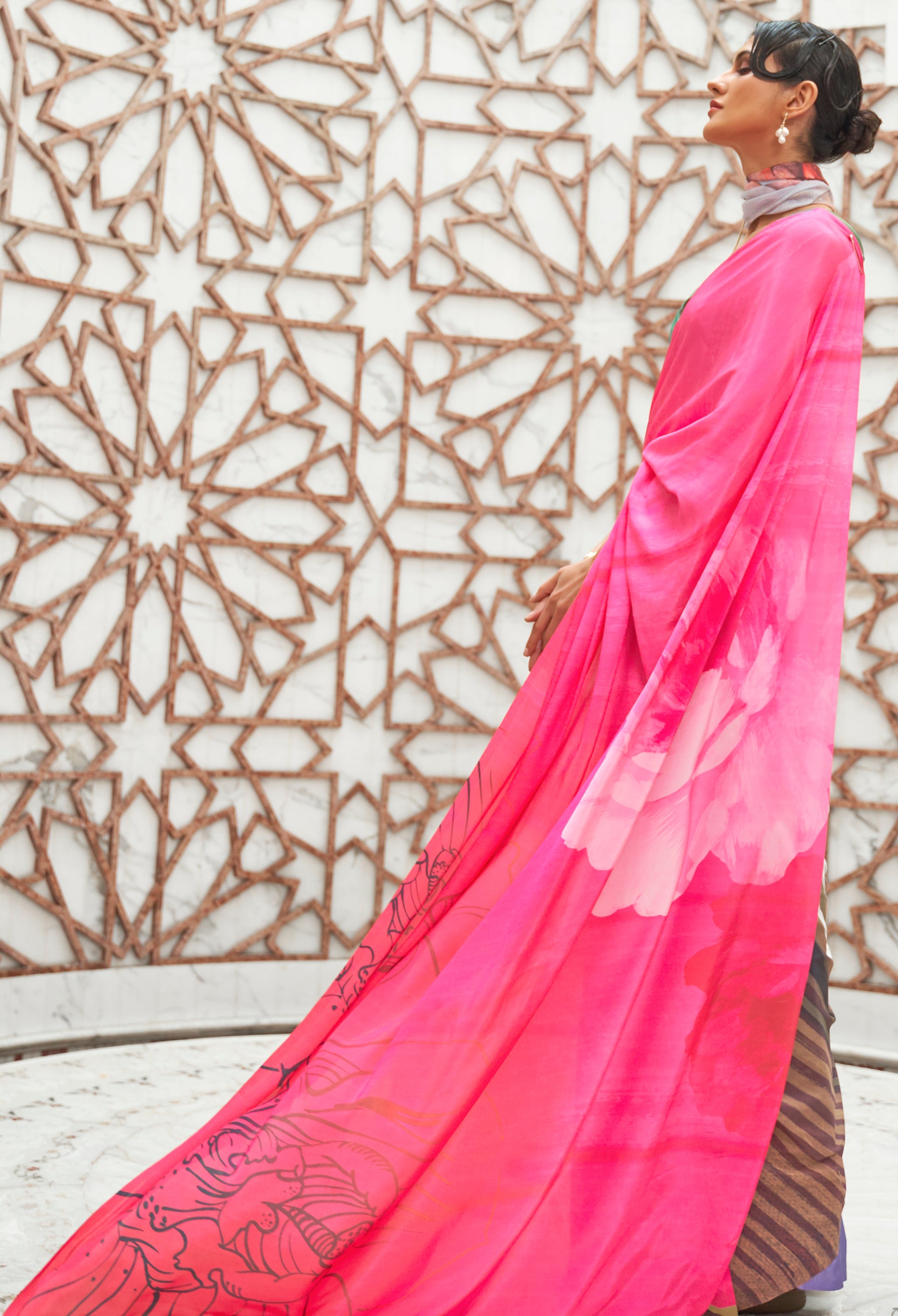 Pink Floral Inspired Digital Printed Kalamkari Saree On pure silk crape