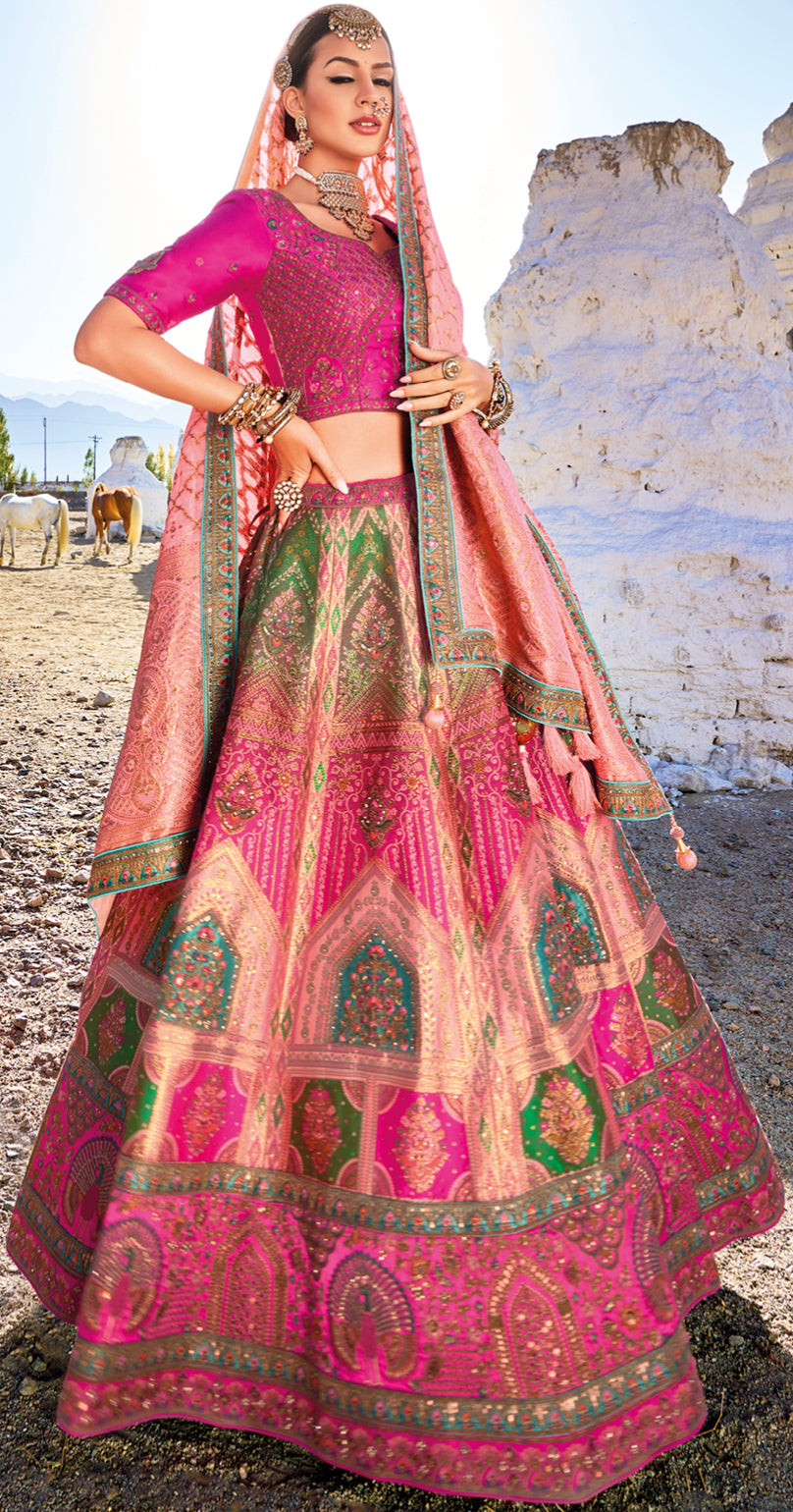 Pure gazzi satin banarasi lehenga with detailed indian aspired print handwork