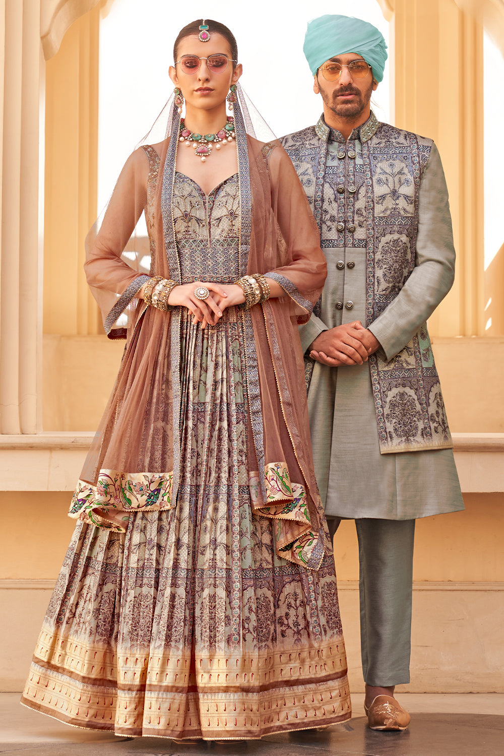 Exclusively for couple combo gray designer outfit in pure PV silk and foil print with detailed hand mirror work