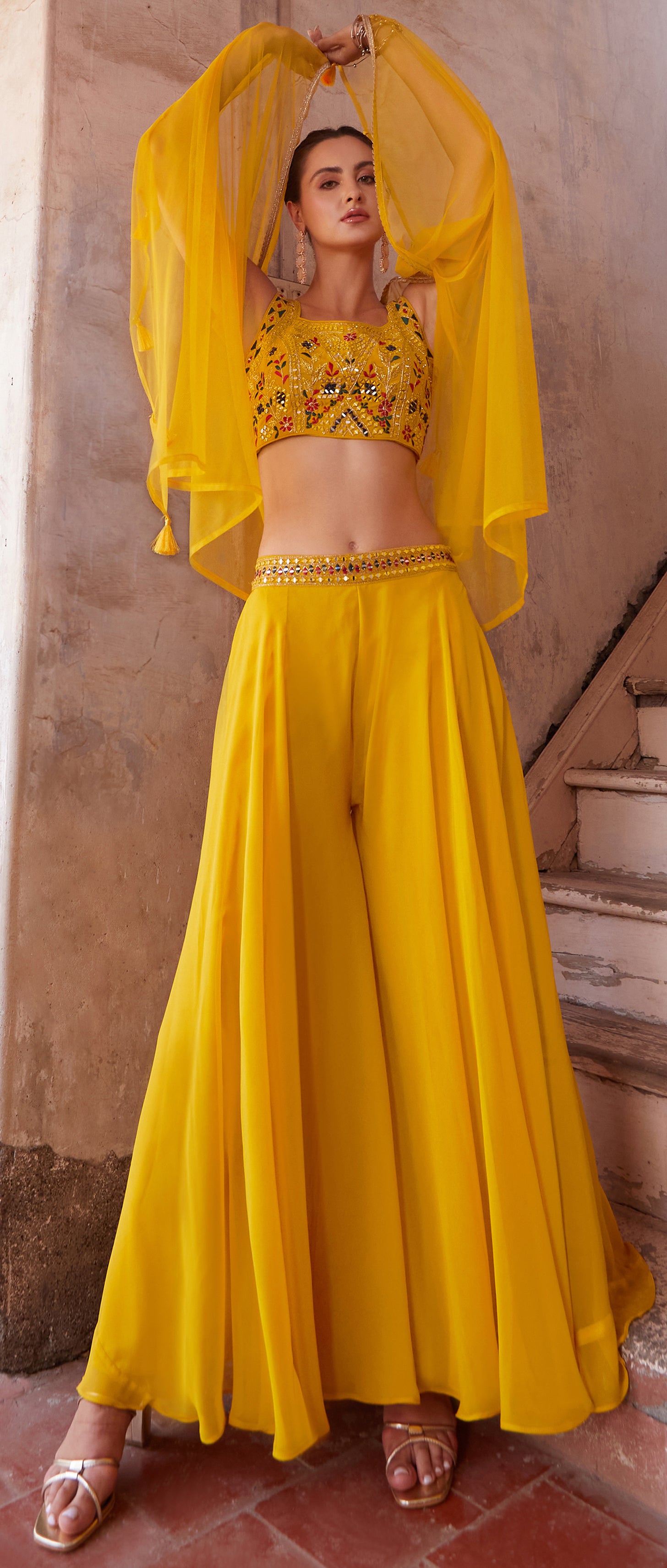 Yellow Designer sharara style inspired dress on pure georgette with detailed mirror, thread, hand embellished work