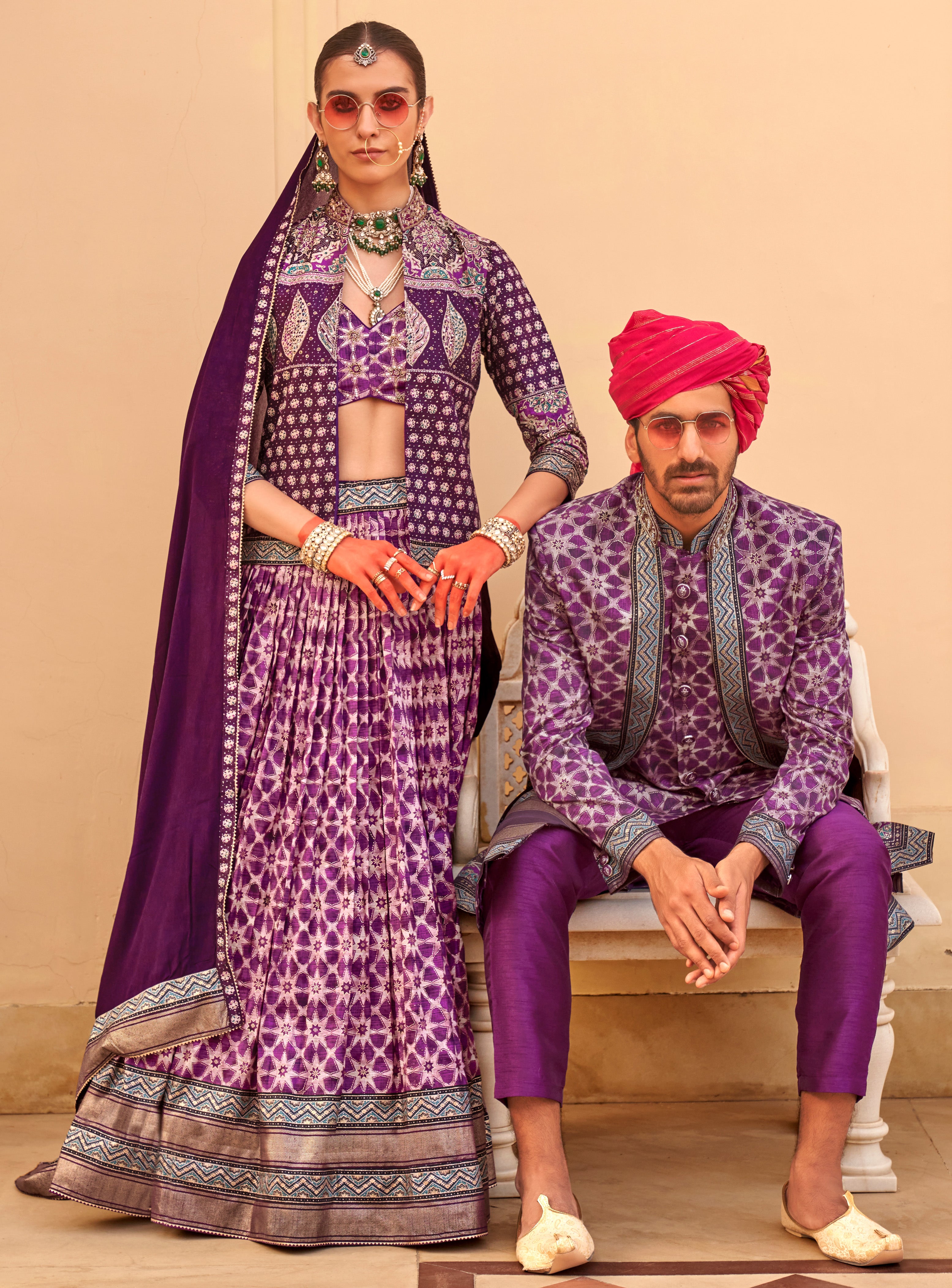 Exclusive latest Purple designer Lehenga in pure pv silk and foil print with detailed embroidery, hand and mirror work