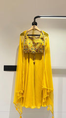 Yellow Designer sharara style inspired dress on pure georgette with detailed mirror, thread, hand embellished work