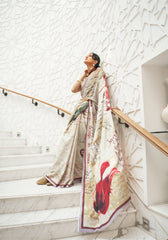 Off White Floral Inspired Digital Printed Kalamkari Saree On pure silk crape