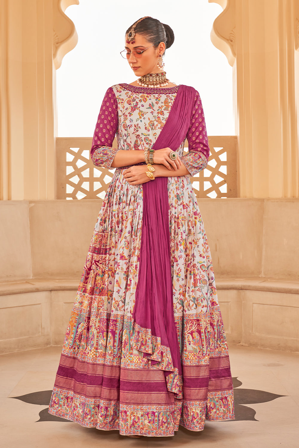 Exclusive latest pink designer Gown in pure pv silk and foil print with Georgette dupatta detailed embroidery, hand and mirror work