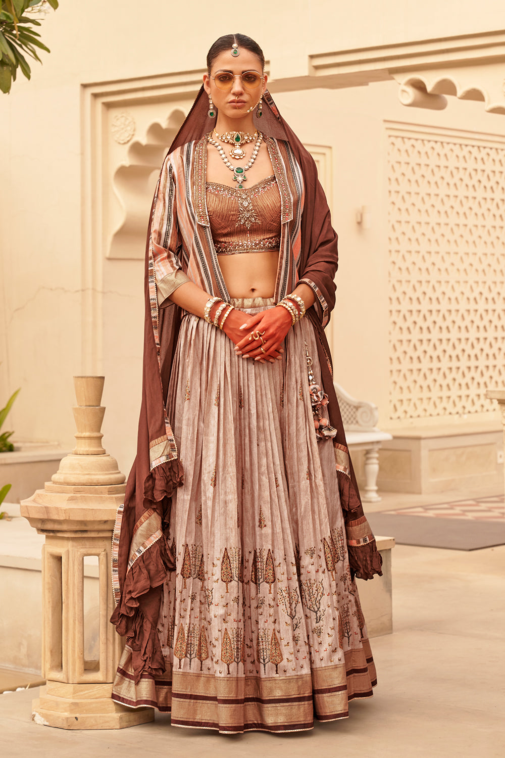 Exclusive latest light brown designer Lehenga in pure pv silk and foil print with detailed embroidery, hand and mirror work