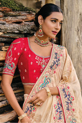 Premium Cream Latest designer heavy saree with detailed hand and embroidery work