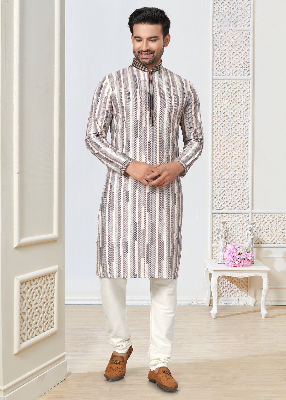 Contrasting indian aspiring Printed khakhi on jacquard silk Mens kurta for wedding and other occasion comes with pajama