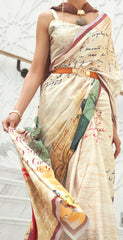 Off White Floral Inspired Digital Printed Kalamkari Saree On pure silk crape