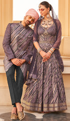 Exclusive latest purple designer mens indowestern sherwani kurta in pure pv silk and foil print  with handwork