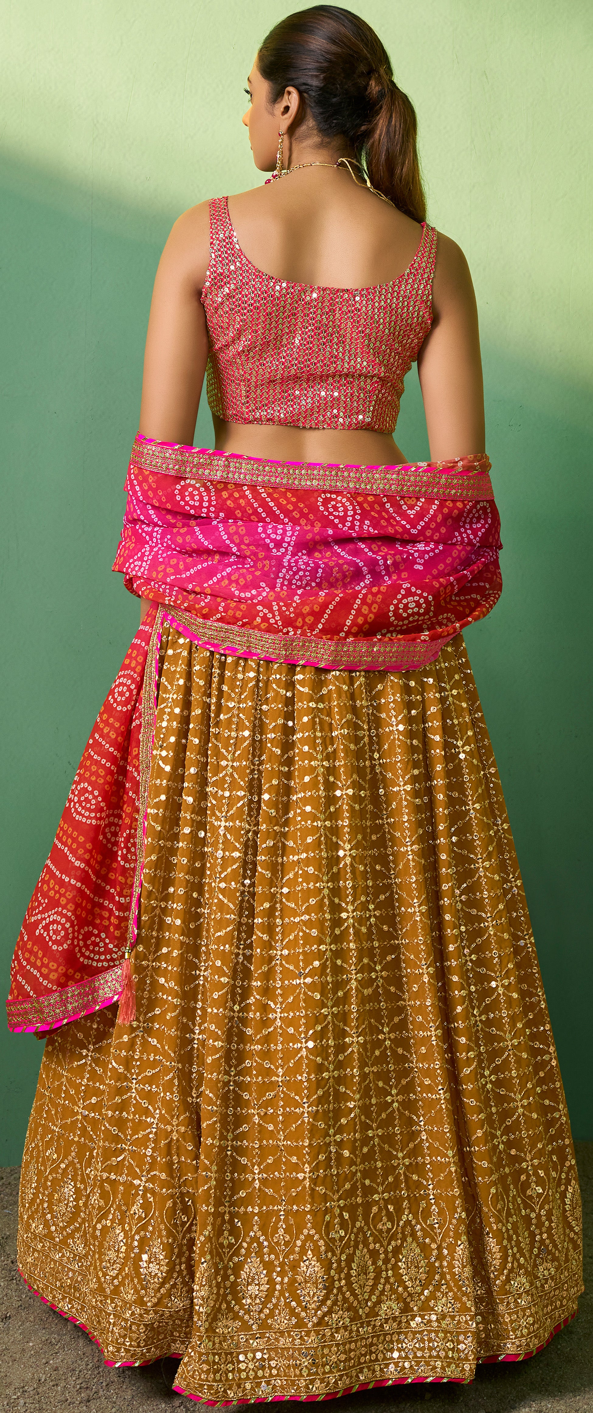 Designer Bandhani Print contrasting yellow pink georgette with sequence and embroidery lehenga | bollywood lehenga