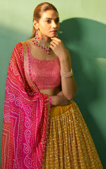 Designer Bandhani Print contrasting yellow pink georgette with sequence and embroidery lehenga | bollywood lehenga