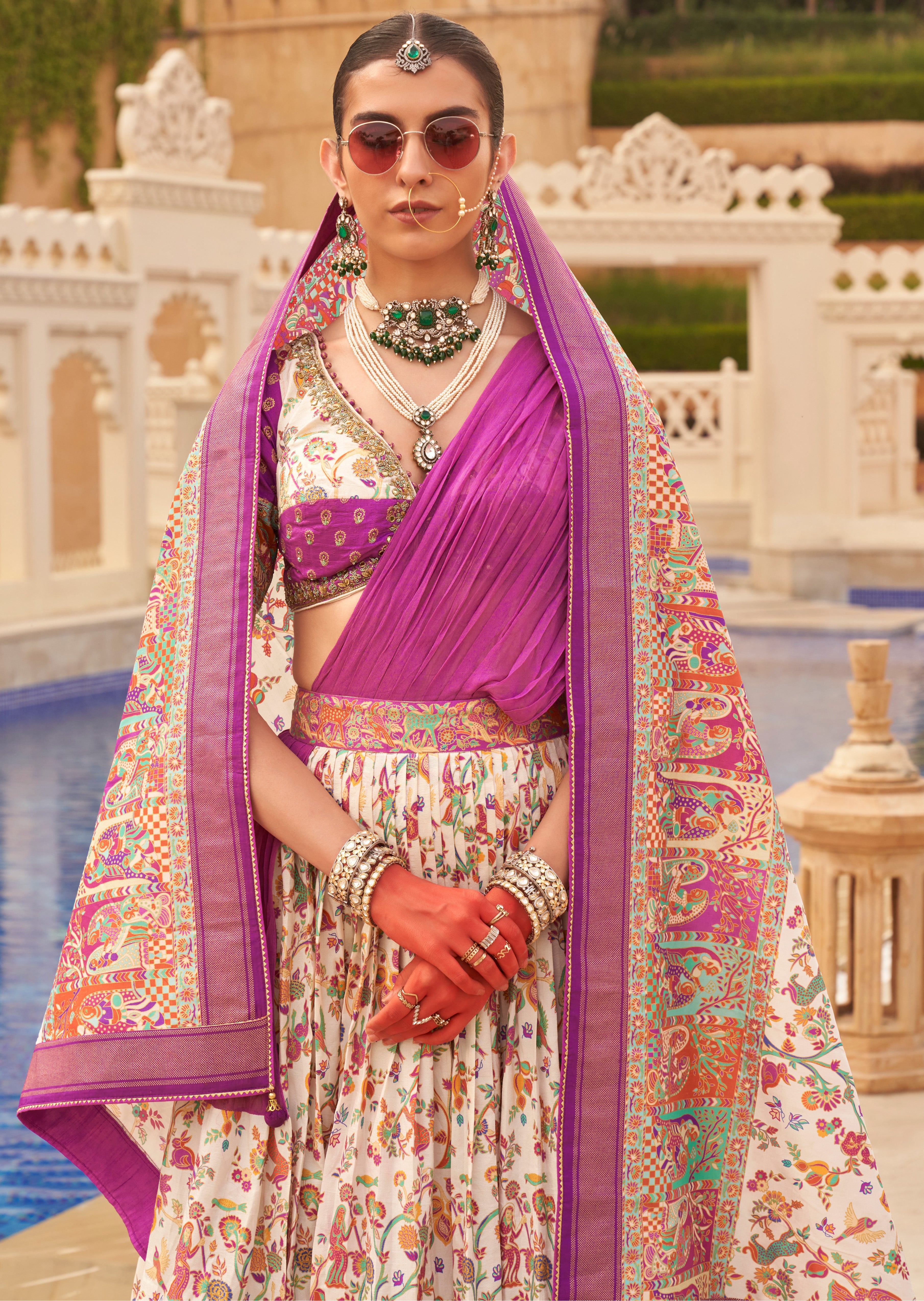 Exclusive latest Pink designer Lehenga in pure pv silk and foil print with detailed embroidery, hand and mirror work