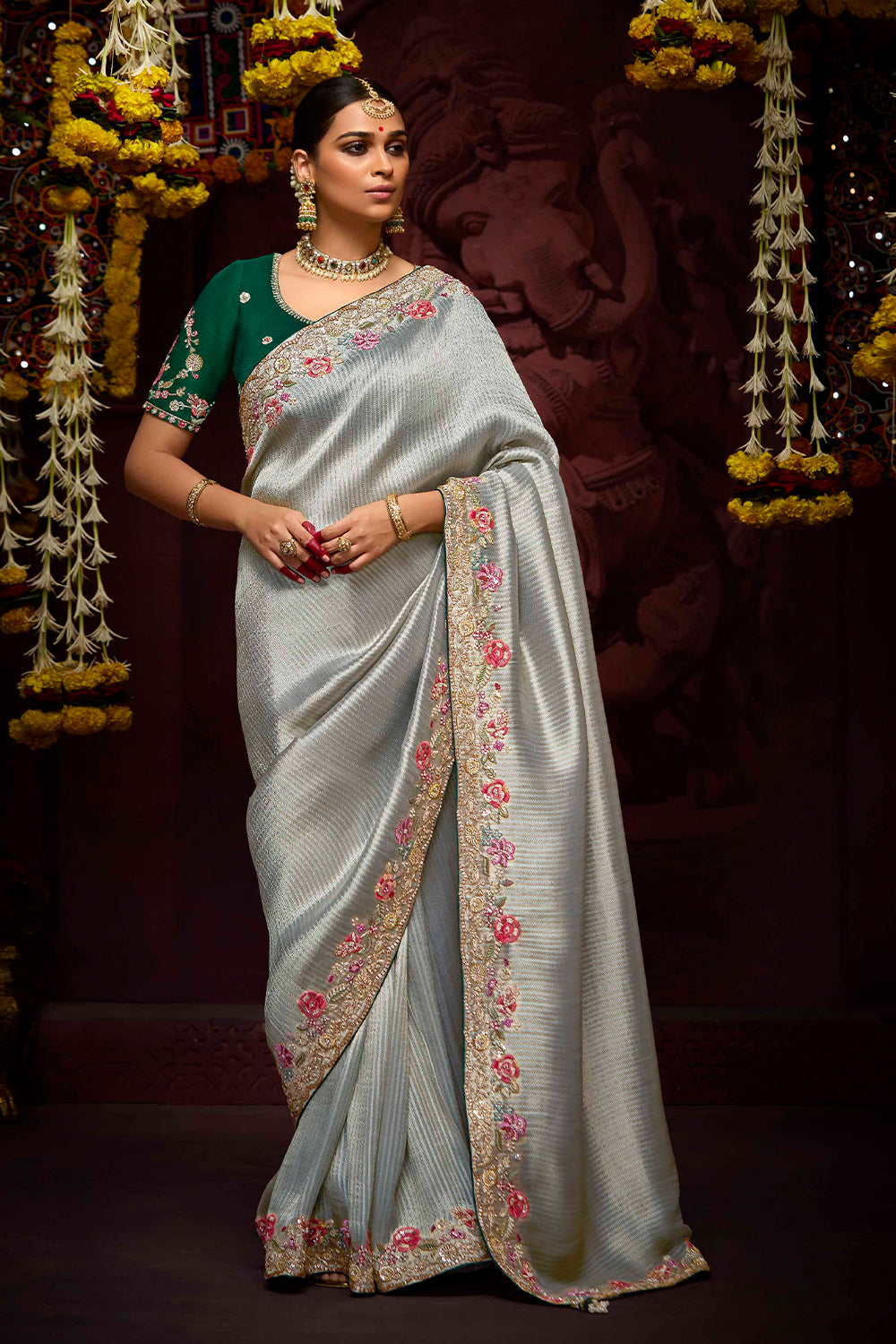 Gray Shaded Pure Banarasi Kanjivaram Fabric With Heavy Work Border Saree