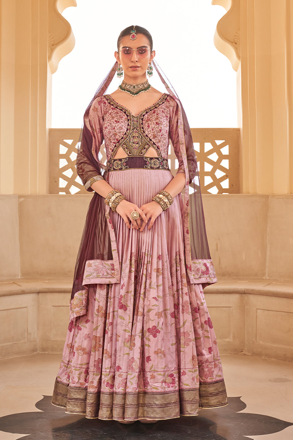 Exclusive latest Light pink designer Gown in pure pv silk and foil print with net dupatta detailed embroidery, hand and mirror work