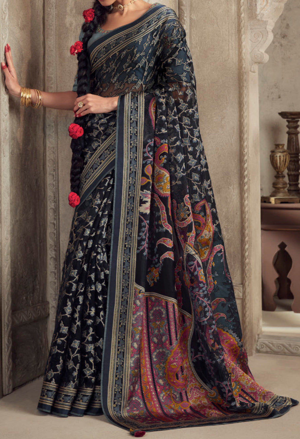 Exquisite Contrasting Black Floral Organza saree with beautiful print, piping work or tassels on pallu | party wear saree | Festive saree