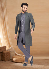 Exclusive Contrasting gray Thread and Detailed Embroidery Work Indo Western, Sherwani | Indian Traditional Mens Wear