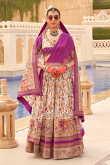 Exclusive latest Pink designer Lehenga in pure pv silk and foil print with detailed embroidery, hand and mirror work