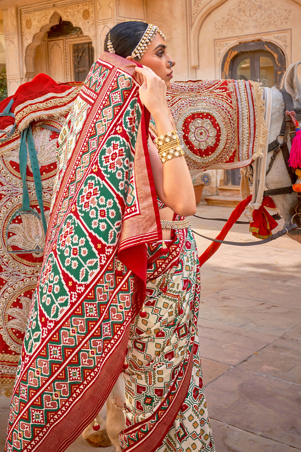 Contrasting Multi colour Patola Saree on silk With Elegant Gold Print | Contrasting saree | Patola Print Saree | Designer Saree