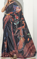 Black Floral Inspired Digital Printed Kalamkari Saree On pure silk crape