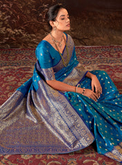 Contrasting dark shaded Blue Banarasi soft silk saree with detailed banarasi inspired work