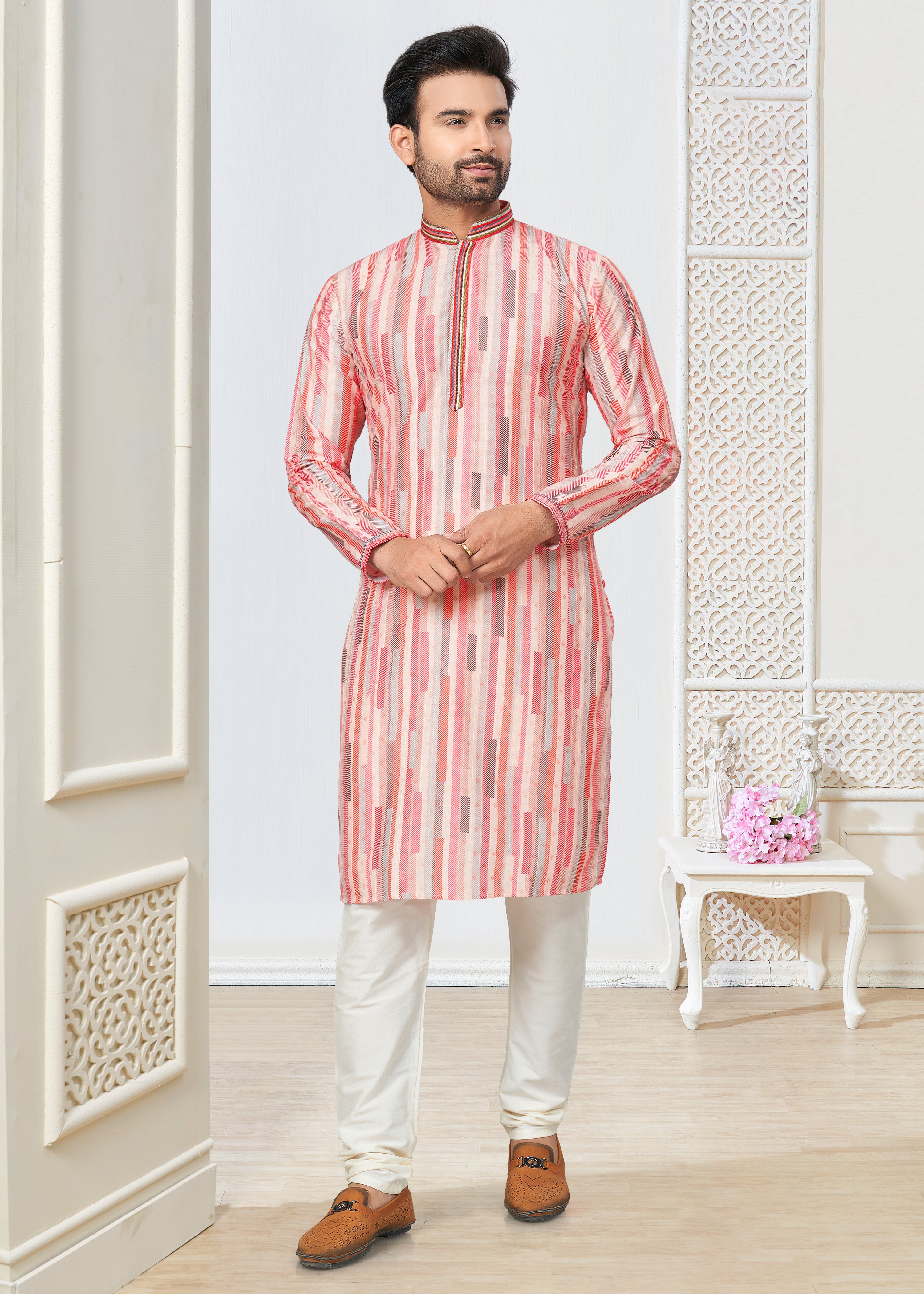 Contrasting indian aspiring Printed khakhi on jacquard silk Mens kurta for wedding and other occasion comes with pajama