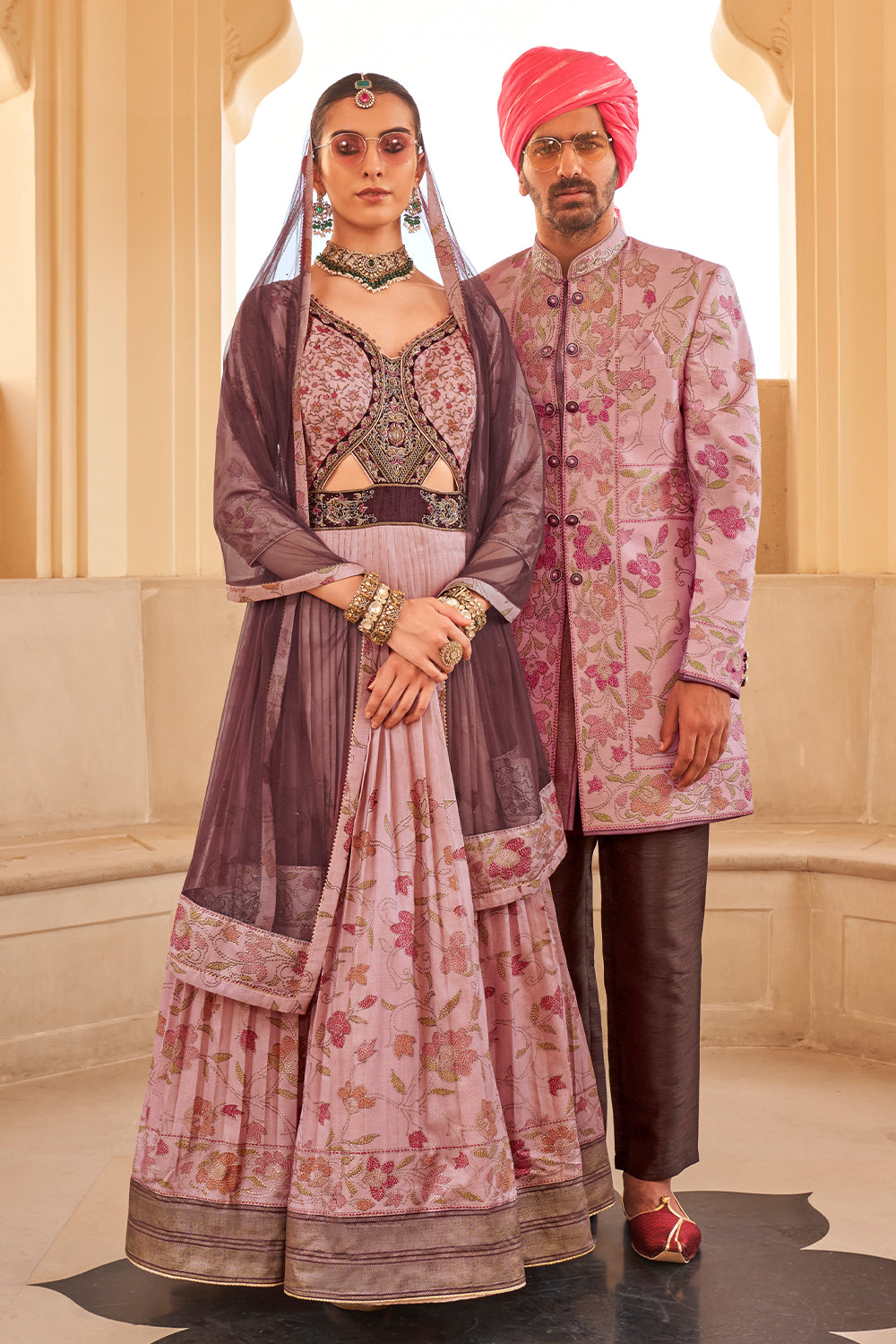 Exclusively for couple combo designer outfit in pure pv silk and foil print with deatiled handand mirrorwork