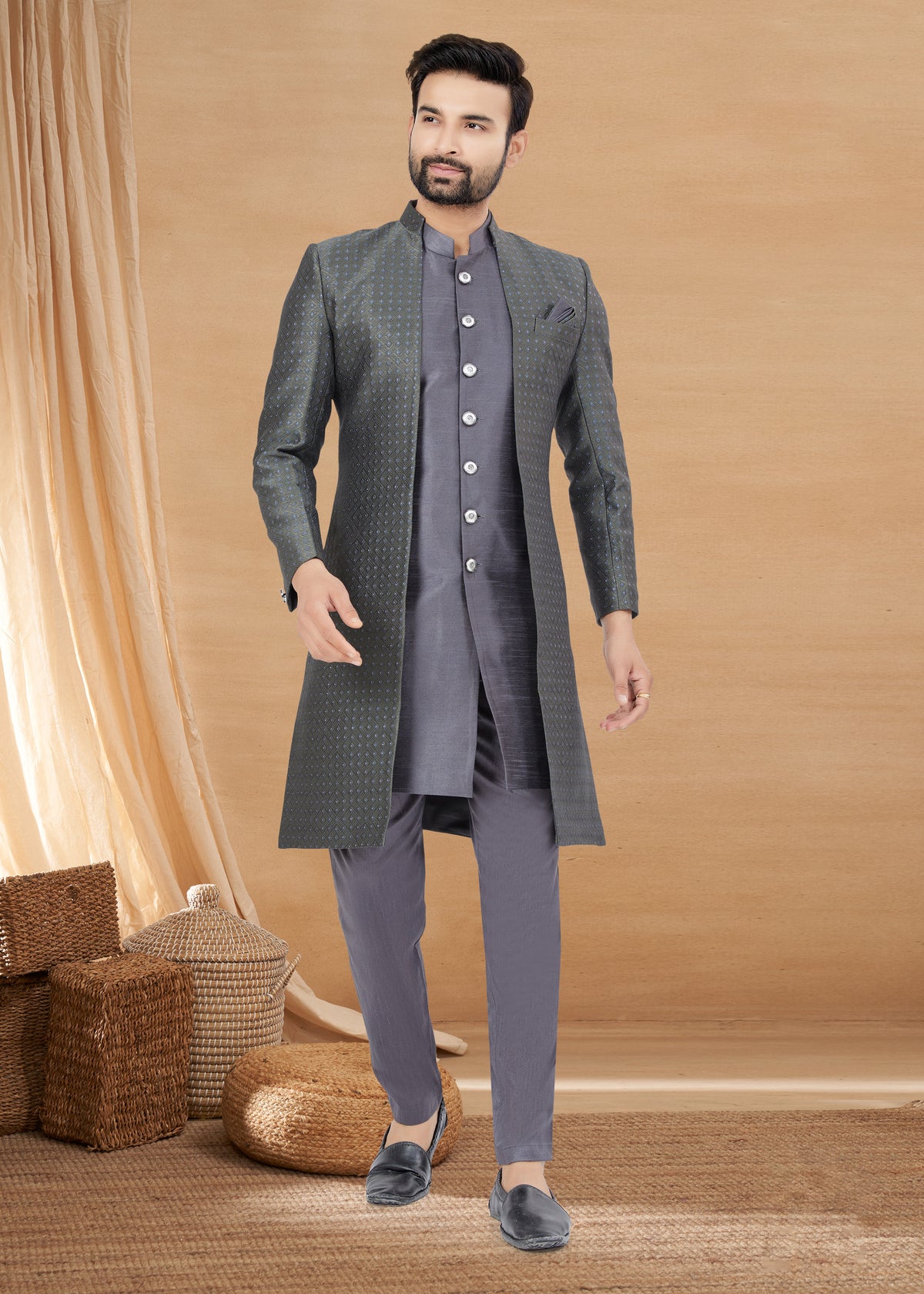 Exclusive Contrasting gray Thread and Detailed Embroidery Work Indo Western, Sherwani | Indian Traditional Mens Wear