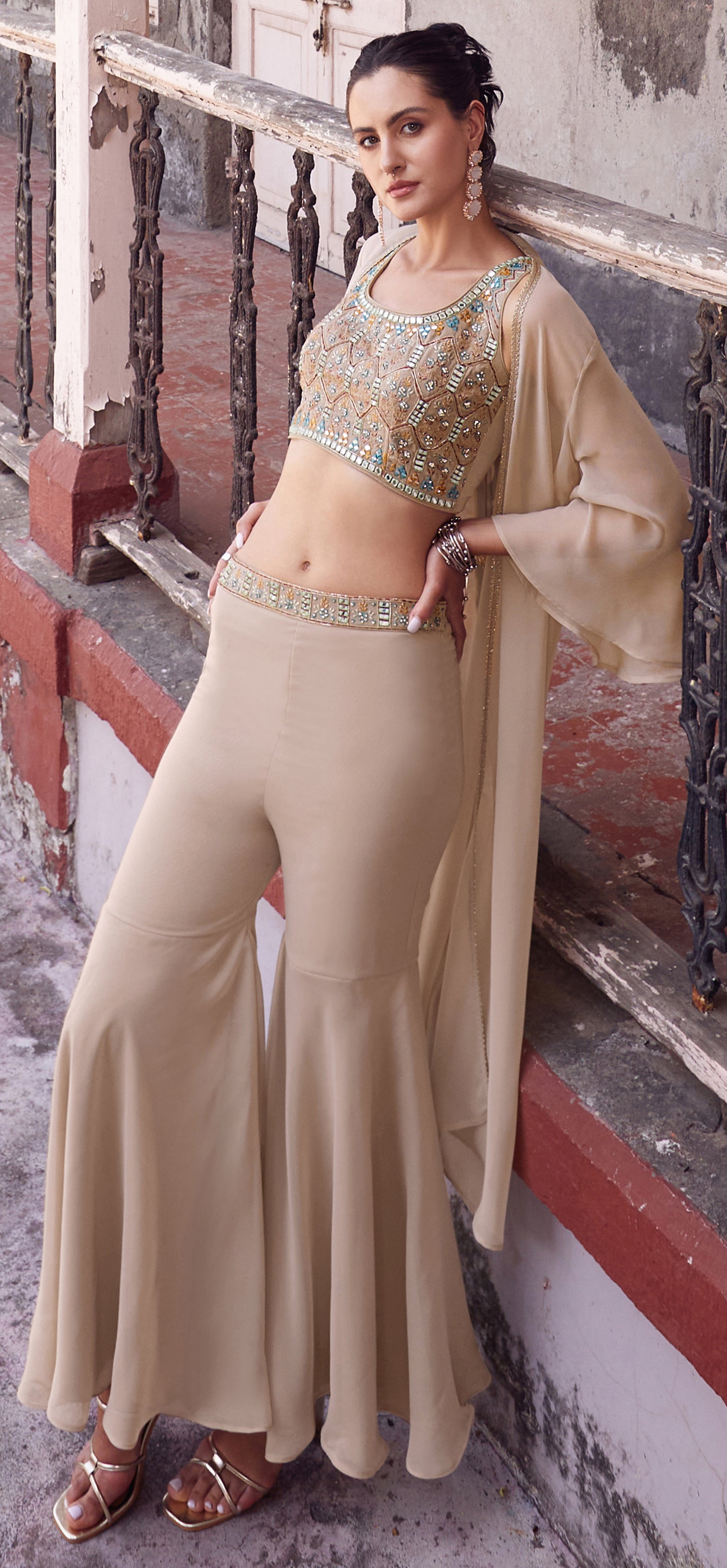 Designer sharara style inspired dress on pure georgette with detailed mirror, thread, hand embellished work