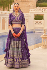 Exclusive latest Purple designer Lehenga in pure pv silk and foil print with detailed embroidery, hand and mirror work