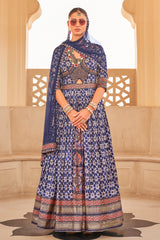 Exclusive latest blue designer Gown in pure pv silk and foil print with net duppatta detailed embroidery, hand and mirror work