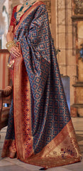 Royal Blue contrasting blouse on Jacquard Weaved Banarasi Design saree With Stone Work | Banarasi Saree