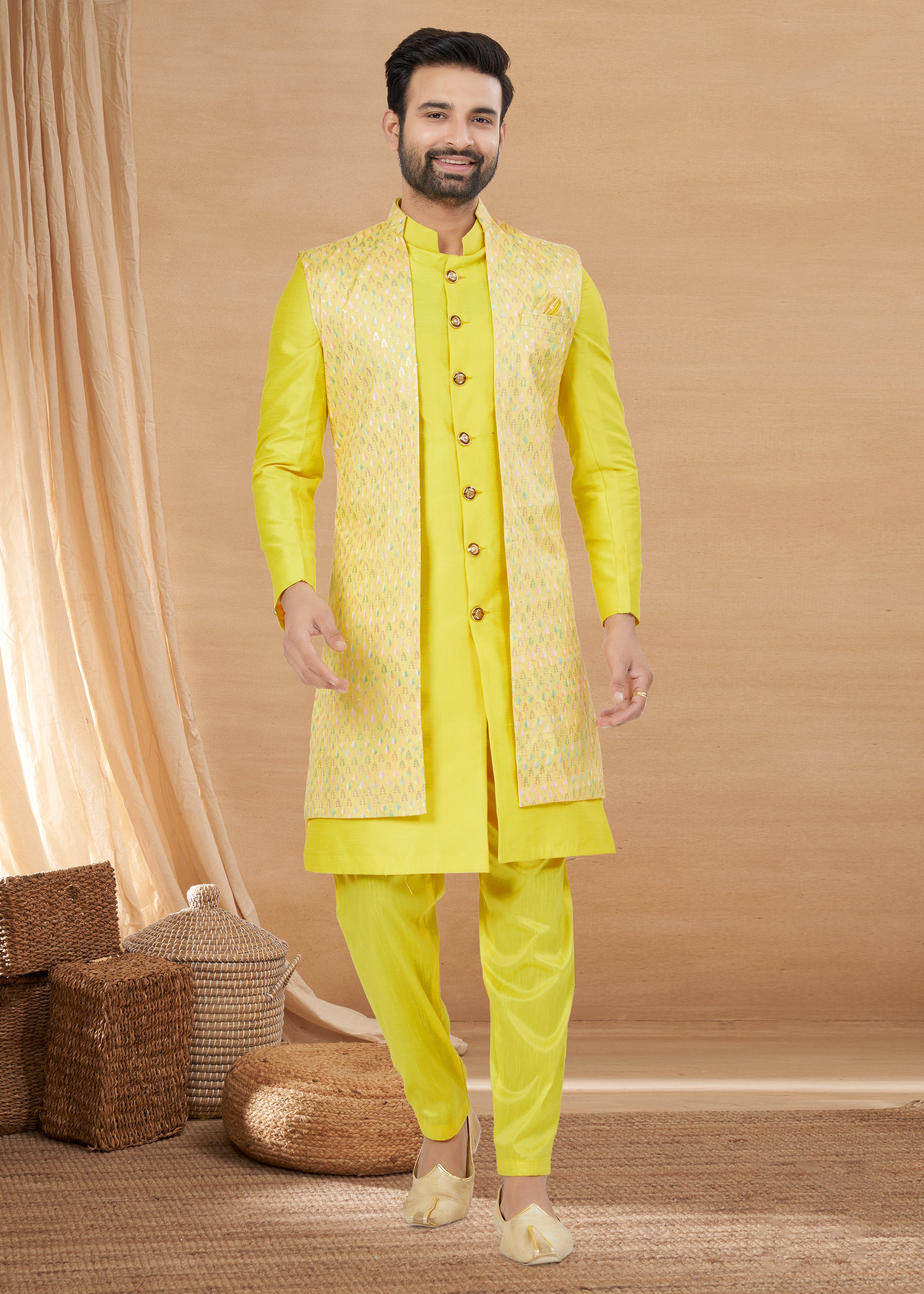 Exclusive Contrasting yellow Thread and Detailed Embroidery Work Indo Western, Sherwani | Indian Traditional Mens Wear