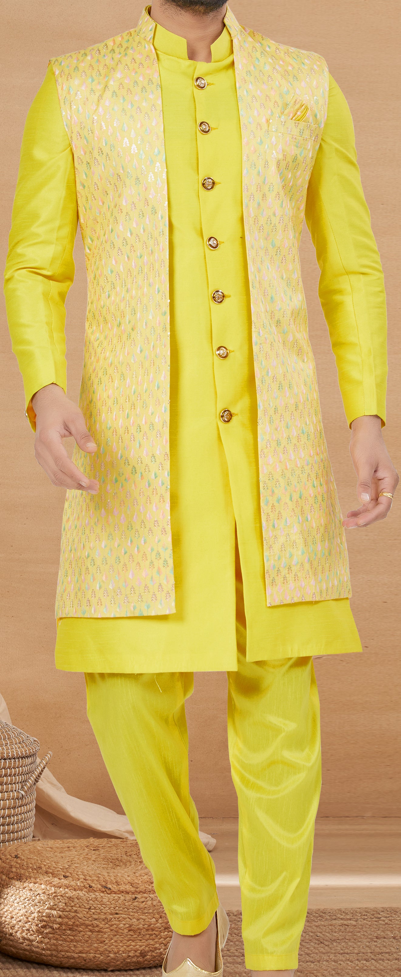 Exclusive Contrasting yellow Thread and Detailed Embroidery Work Indo Western, Sherwani | Indian Traditional Mens Wear