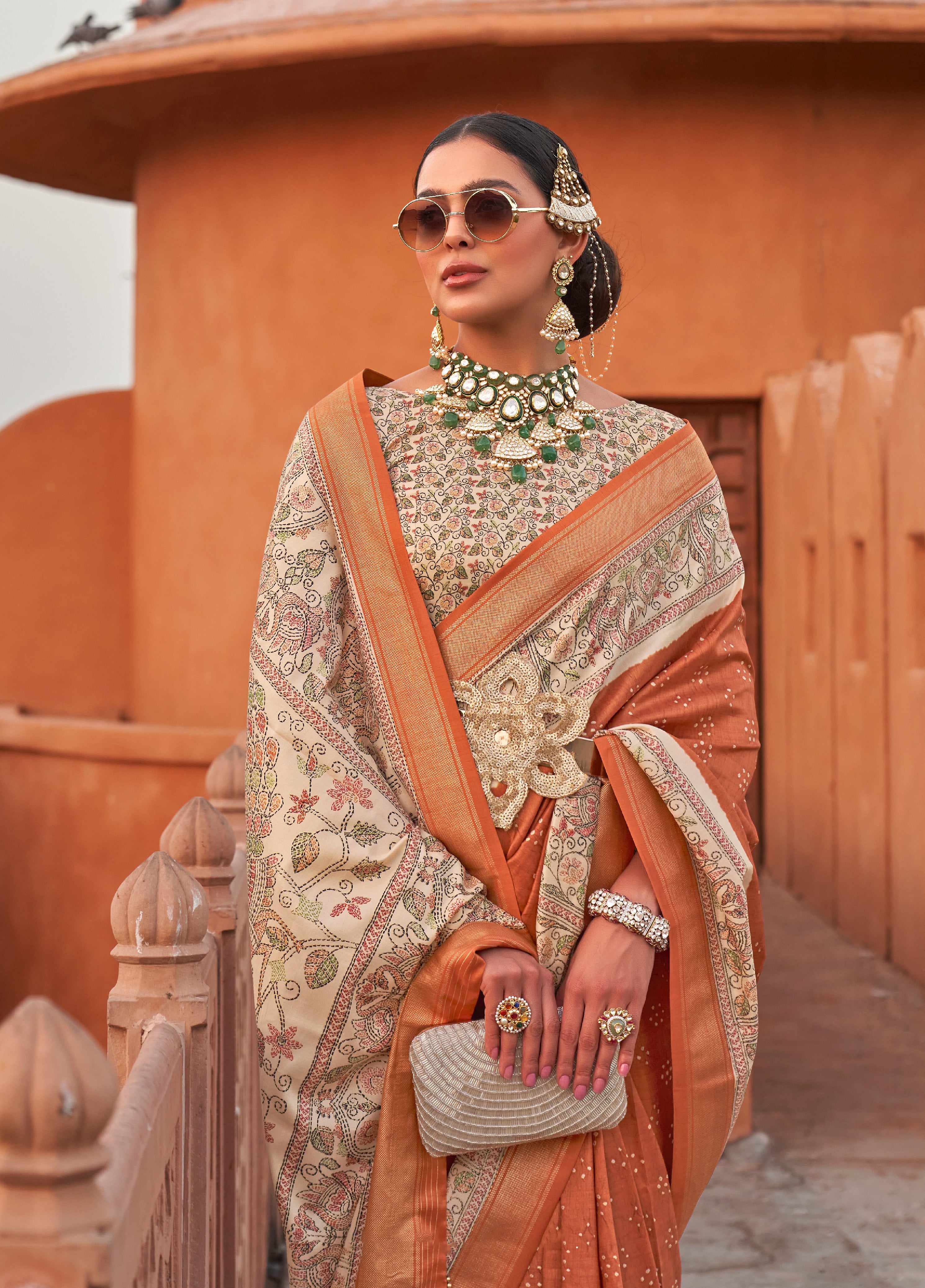 Weaved  light orange shaded Ajrak Inspired silk saree with gold finish | Silk saree