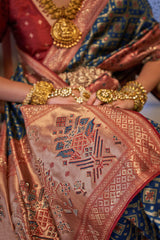 Royal Blue contrasting blouse on Jacquard Weaved Banarasi Design saree With Stone Work | Banarasi Saree