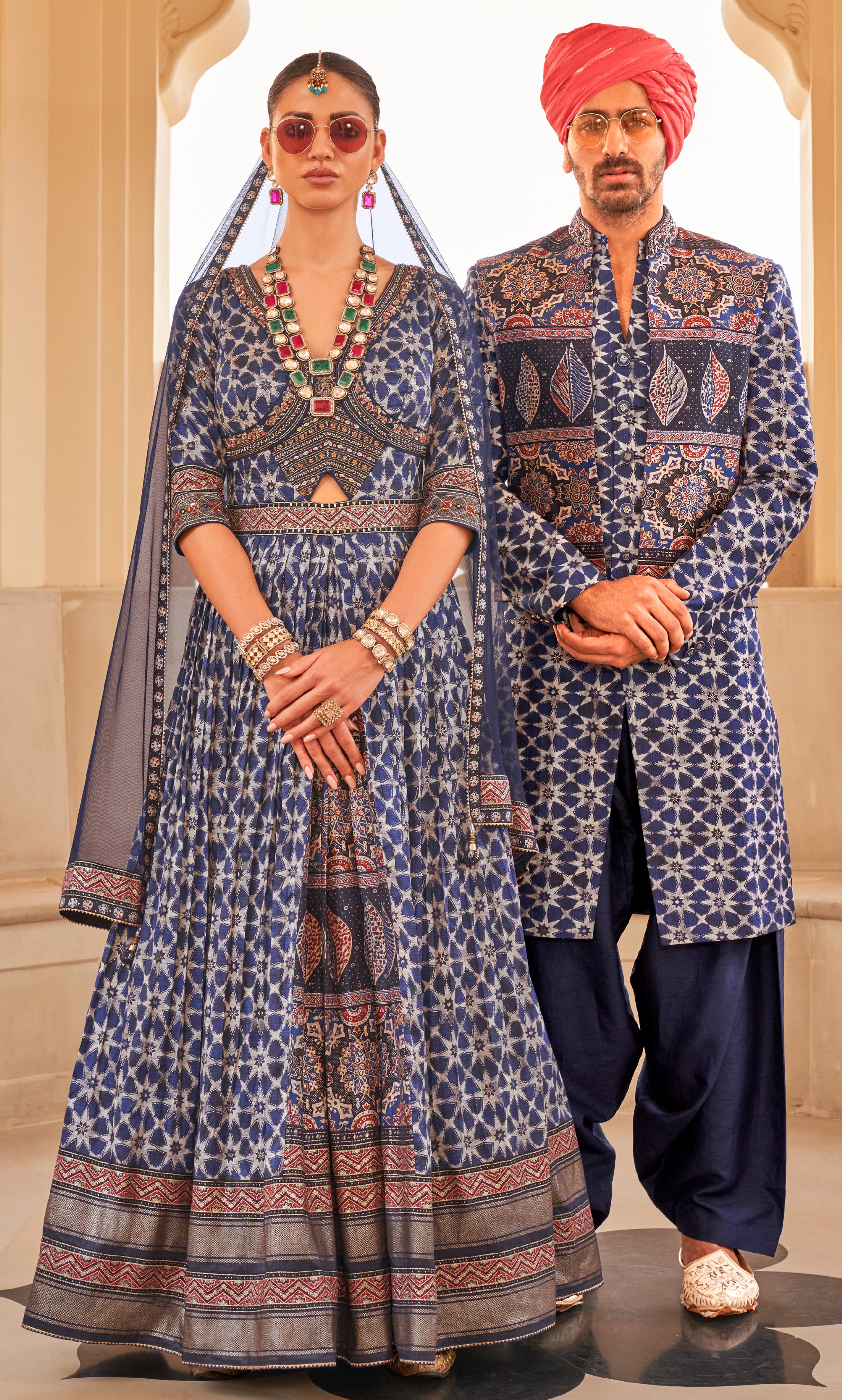 Exclusive latest blue designer Gown in pure pv silk and foil print with net duppatta detailed embroidery, hand and mirror work