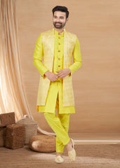 Exclusive Contrasting yellow Thread and Detailed Embroidery Work Indo Western, Sherwani | Indian Traditional Mens Wear