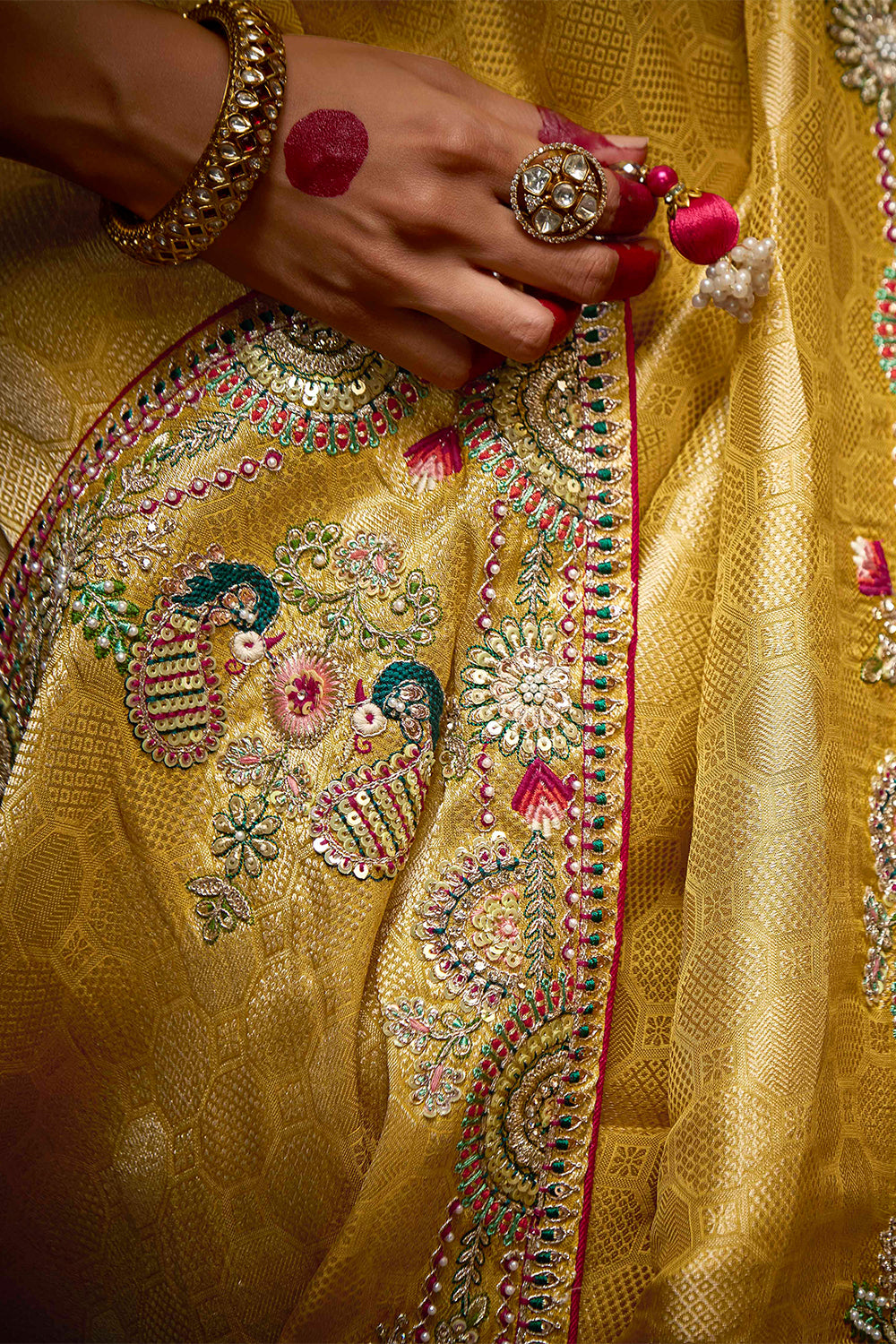 Yellow Shaded Pure Banarasi Kanjivaram Fabric With Heavy Work Border Saree